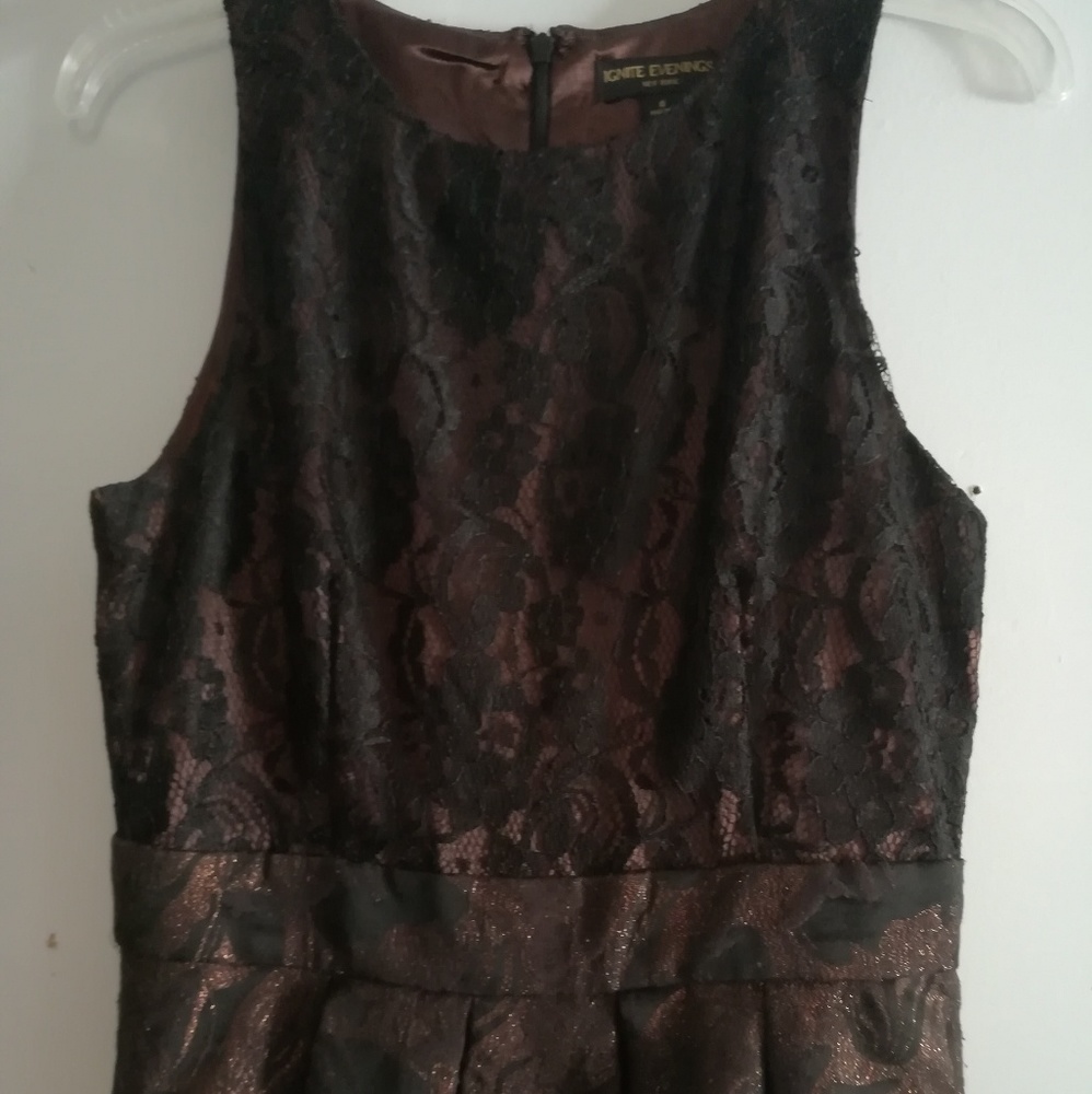 Bronze and black lace evening dress
